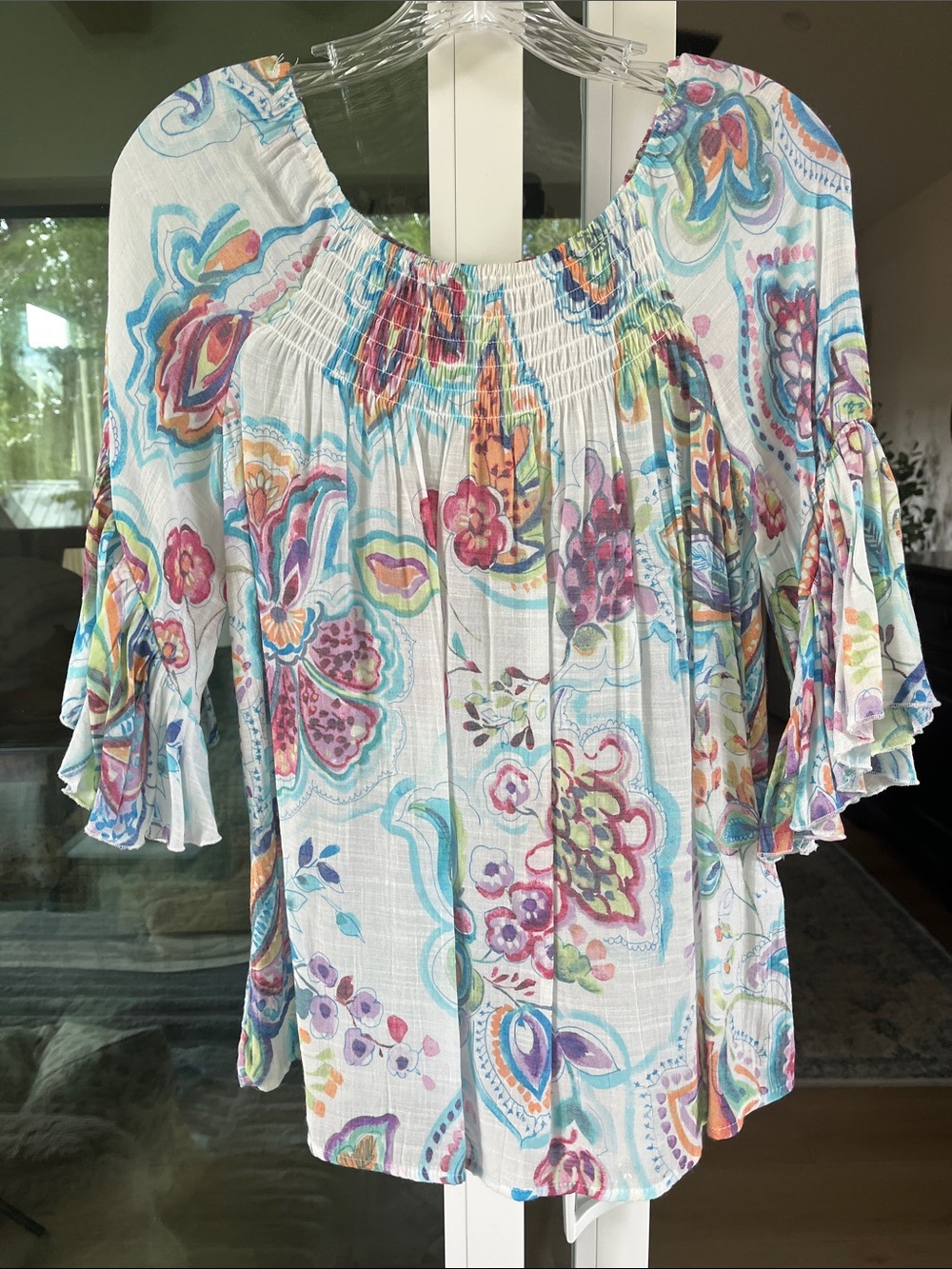 Spense Top Small White Floral Paisley Boho Smocked Peasant Ruffle Sleeves Flowy
